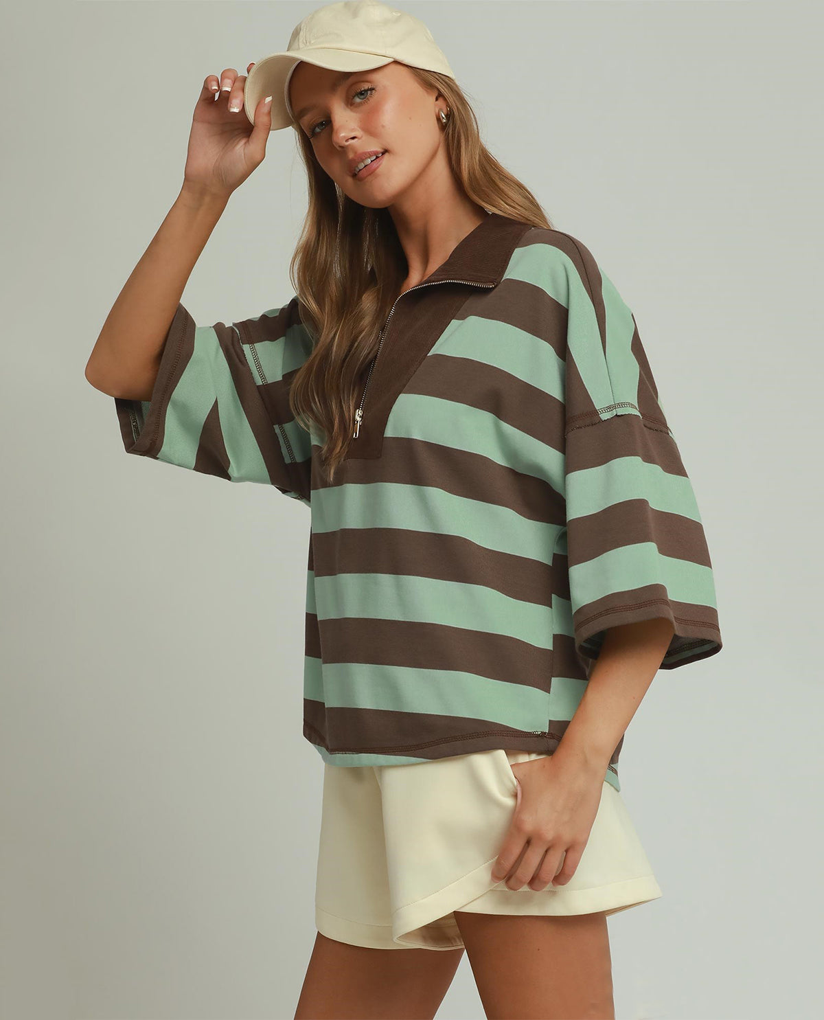 Umgee Stripe 1/4 Zip With Corduroy Collar Brown/Sage