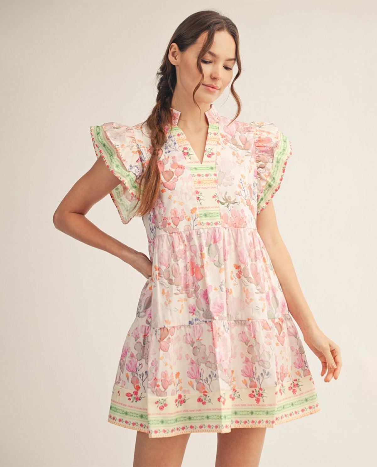 Jodifl Ruffle Sleeve Floral Babydoll Dress Pink