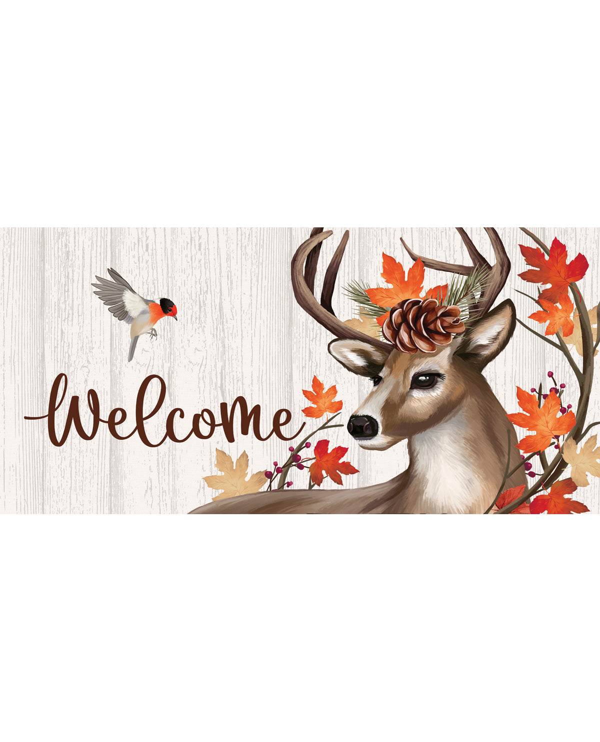 Decorative mat with a deer, leaves, and 'Welcome' text on a wooden background