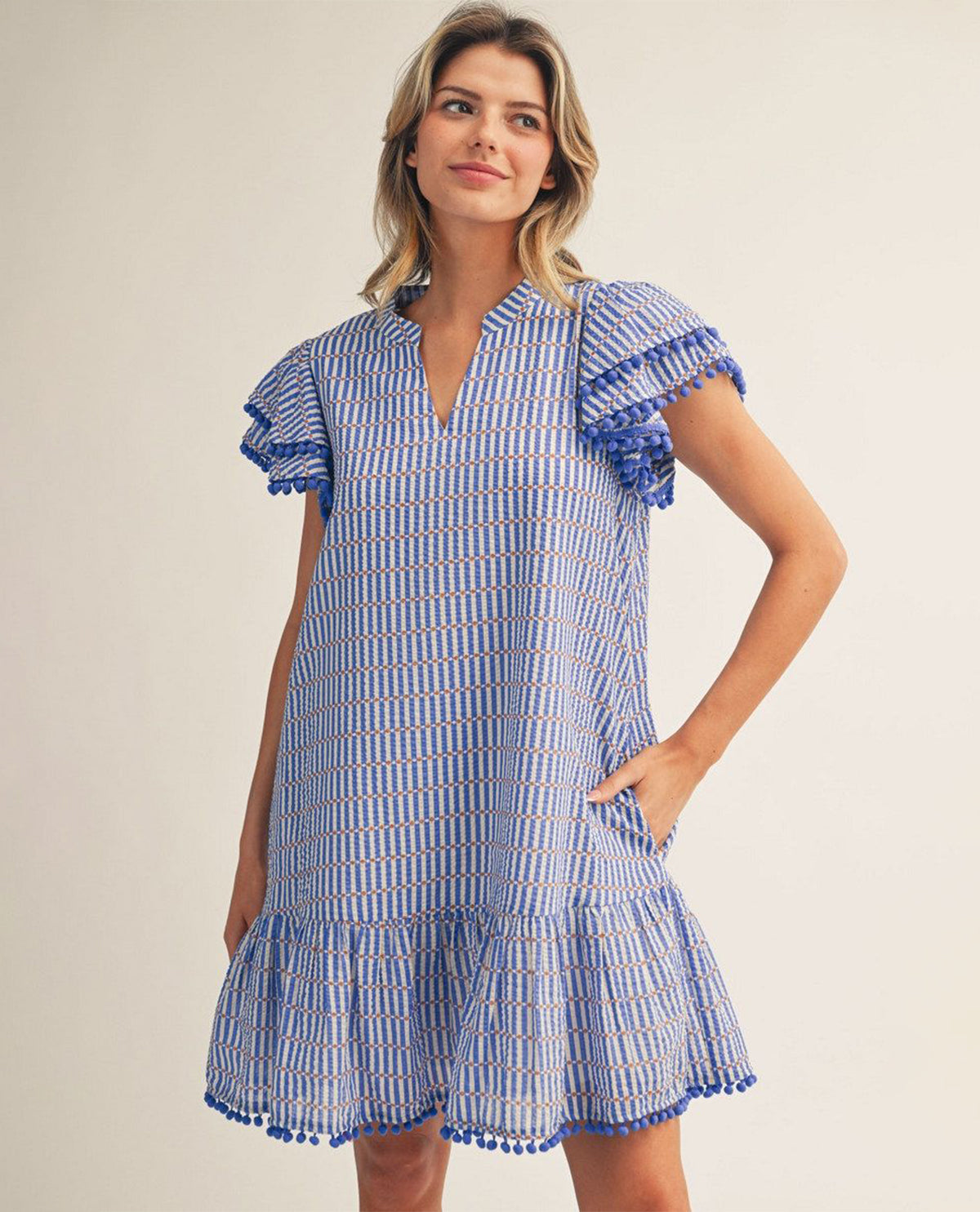 Jodifl Striped Dress With Double Ruffle Sleeve Blue