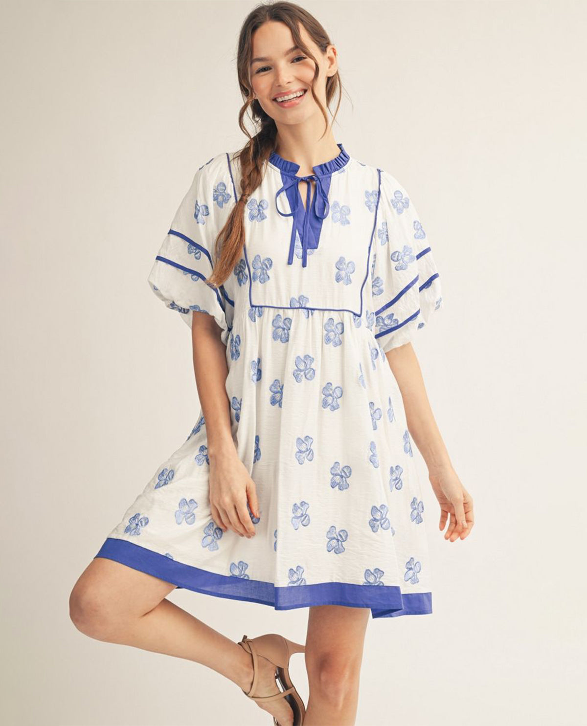 Jodifl Flower Embroidered Dress With Solid Trim White