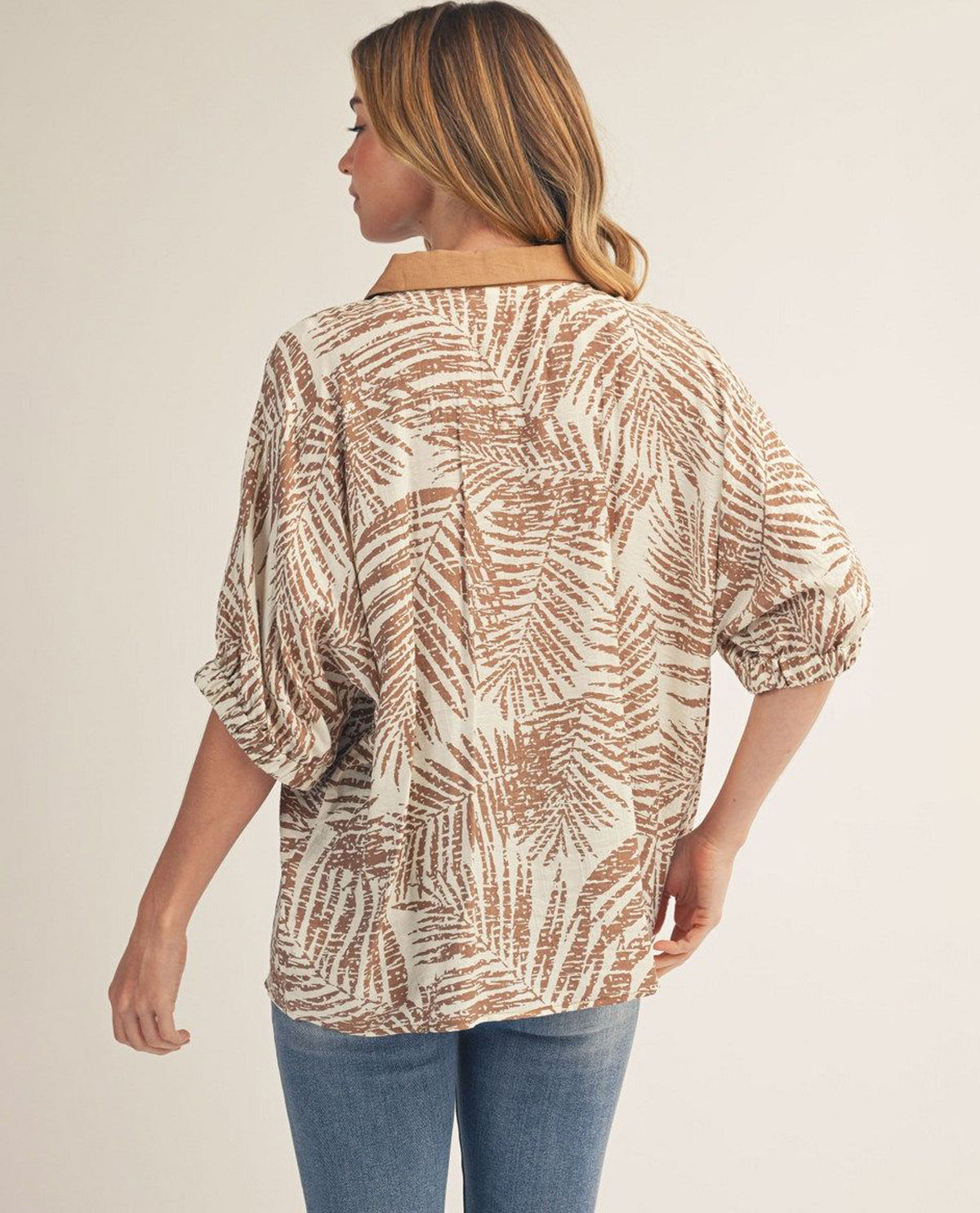 Jodifl Tropical Leaf Print Top With Contrast Trim Taupe