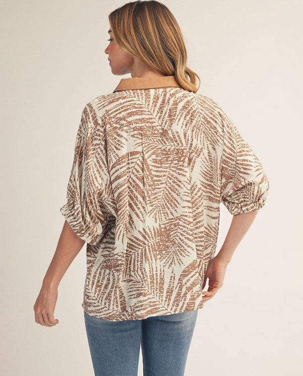 Jodifl Tropical Leaf Print Top With Contrast Trim Taupe