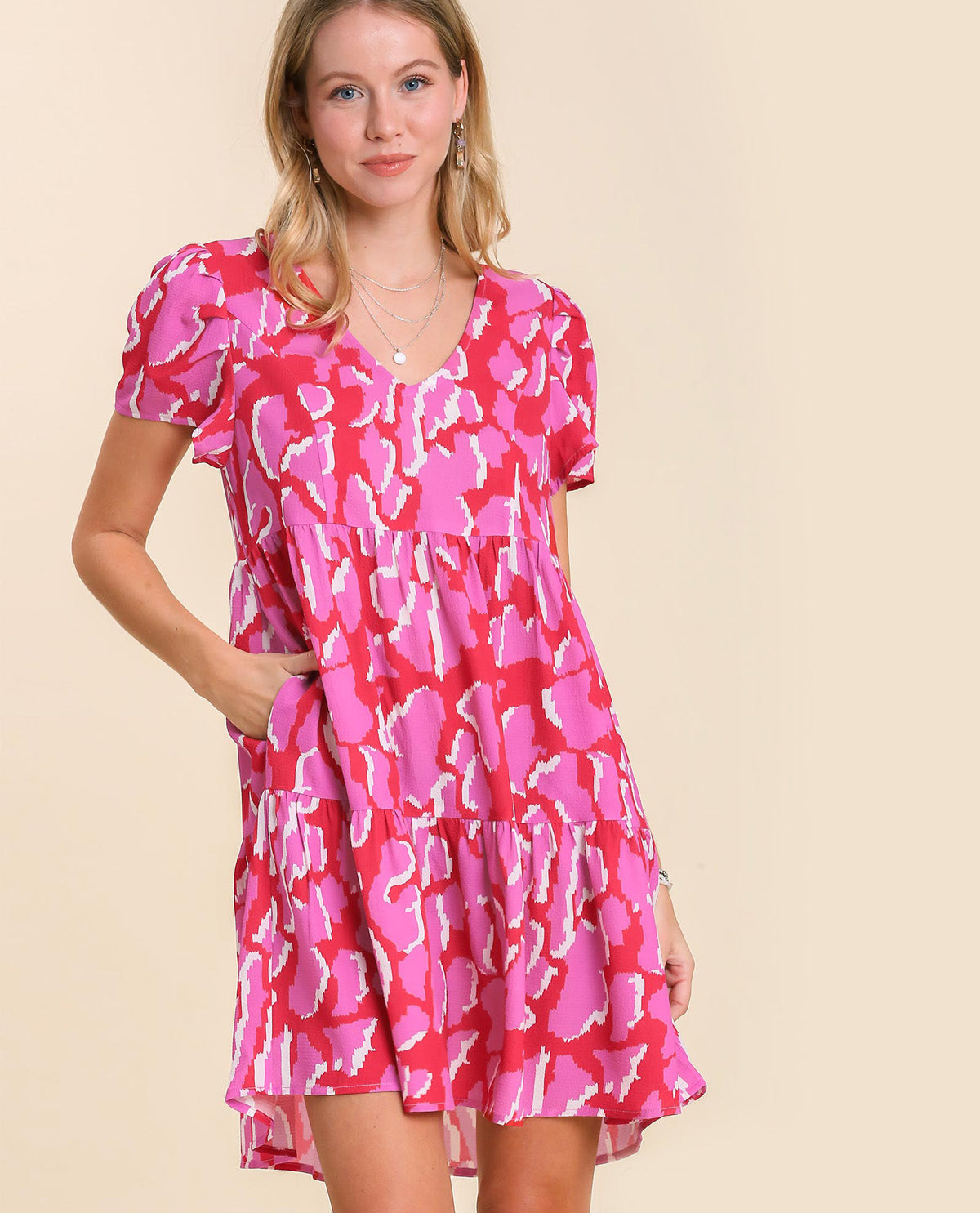 Abstract Print V-Neck Tiered Dress