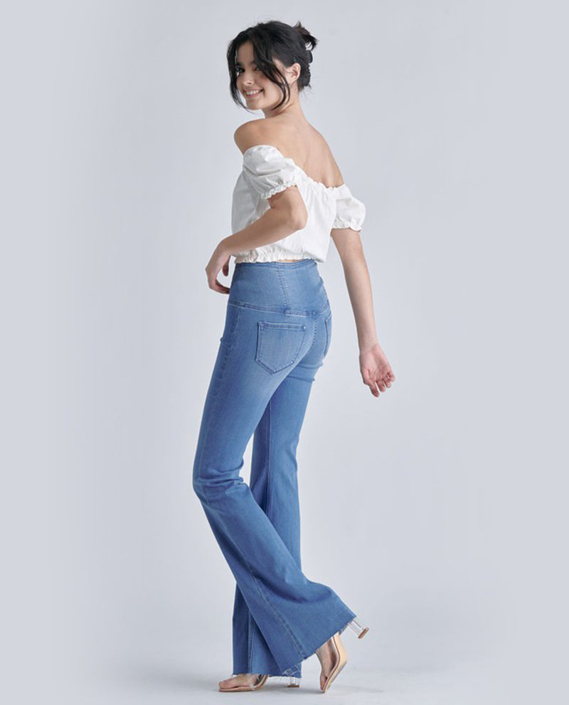 Cello High Rise Flare Jean with Criss Cross Wide Waistband Detail