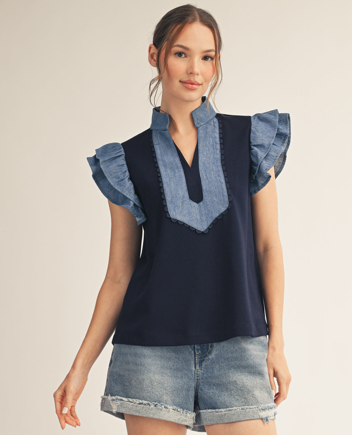 Jodifl Solid Ruffle Sleeve Top With Contrast Trim Navy