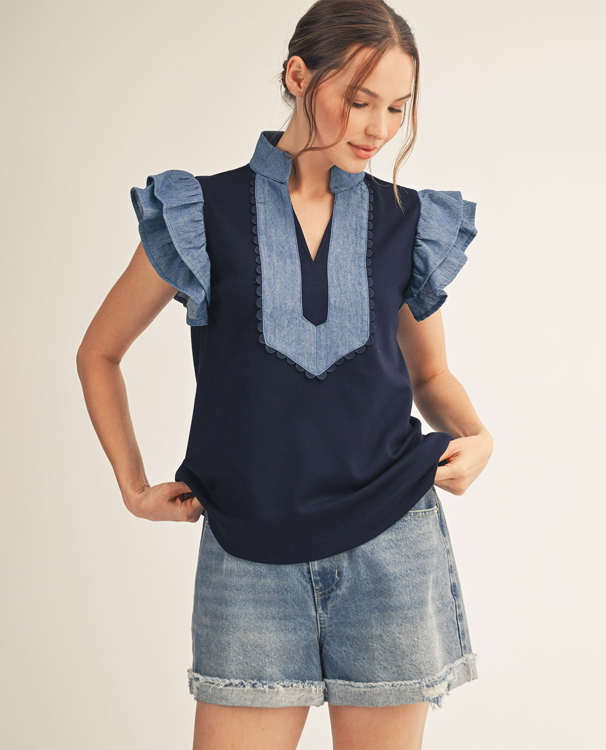 Jodifl Solid Ruffle Sleeve Top With Contrast Trim Navy