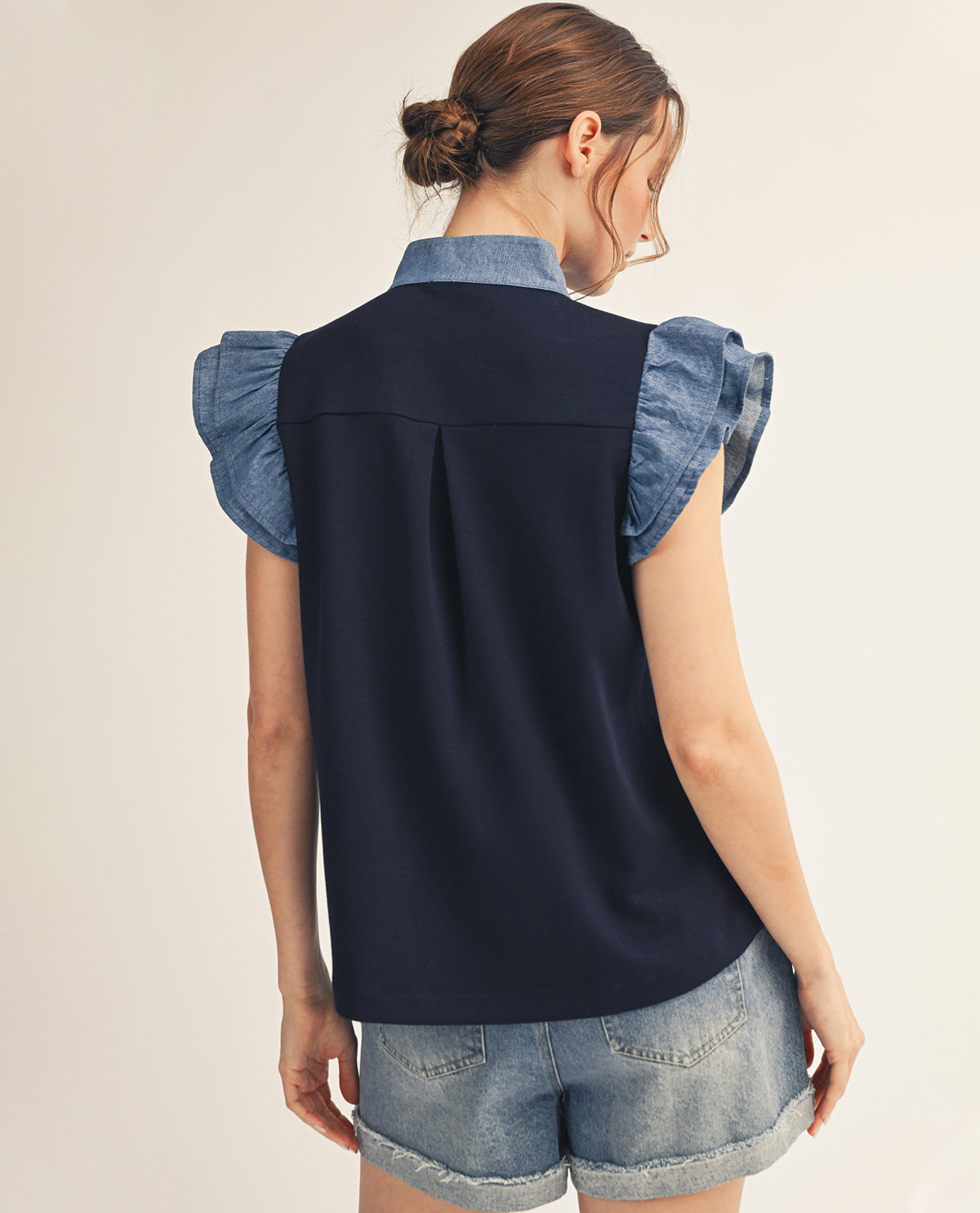 Jodifl Solid Ruffle Sleeve Top With Contrast Trim Navy