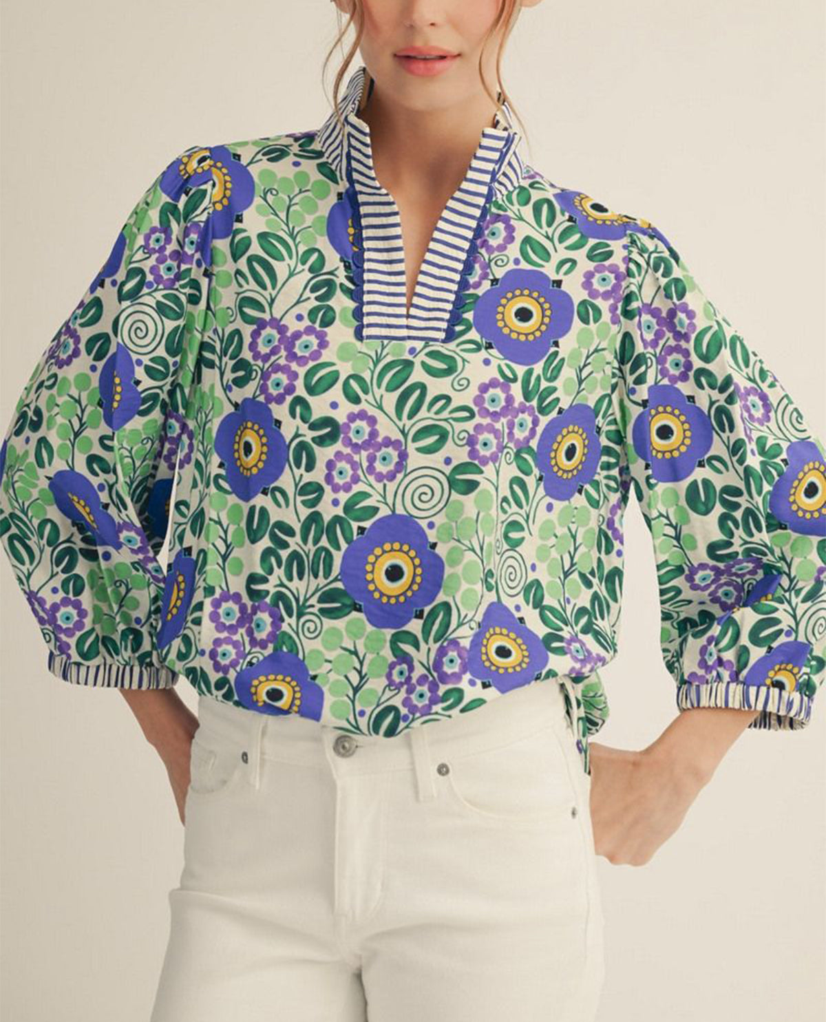 Jodifl High Neck Floral Top With Stripe Contrast Royal