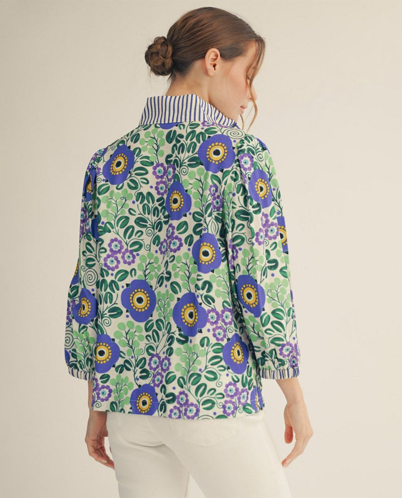 Jodifl High Neck Floral Top With Stripe Contrast Royal