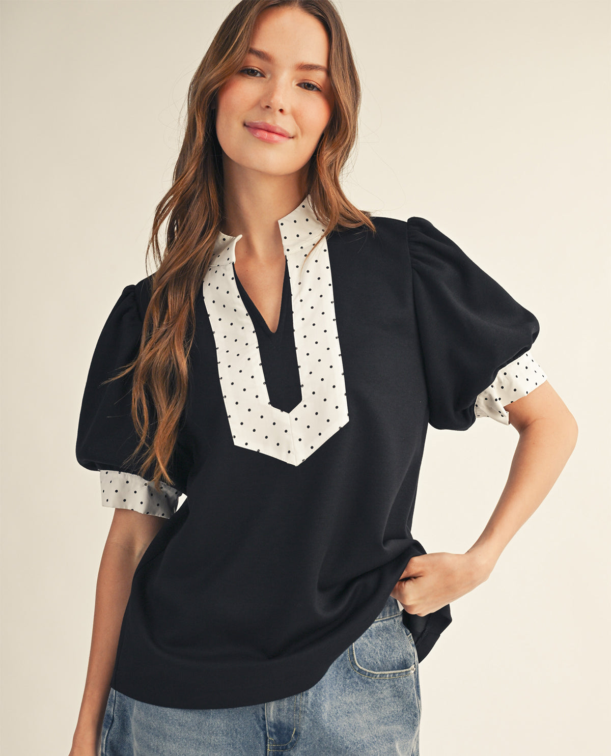 Jodifl Solid Top With Polka Dot Trim Black