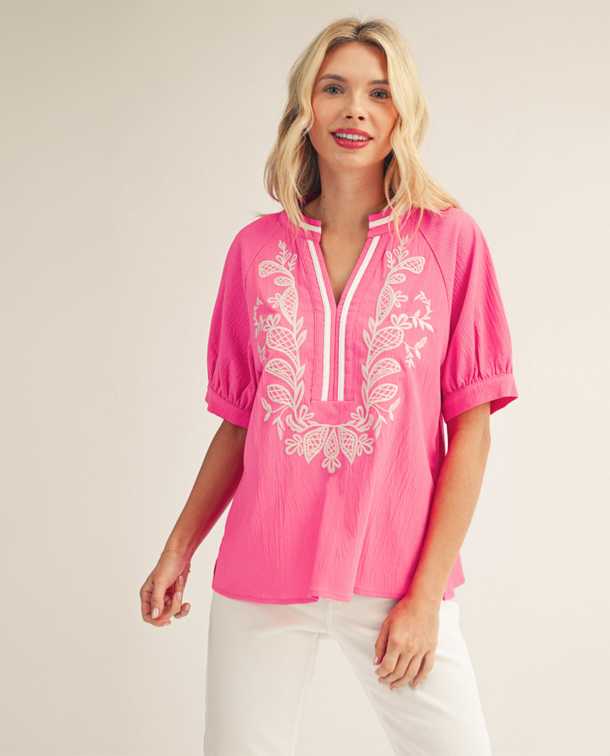 Jodifl V-Neck Top With Contrast Trim Pink