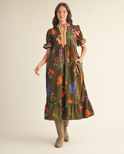 Woman wearing a floral dress with a plain background