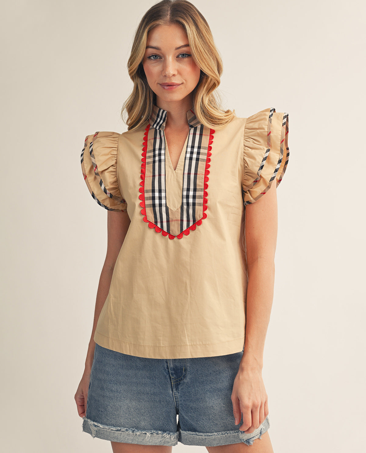Jodifl Ruffle Sleeve Top With Plaid Trim Taupe