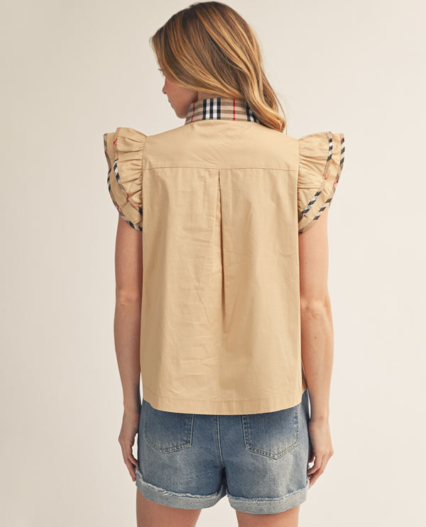 Jodifl Ruffle Sleeve Top With Plaid Trim Taupe