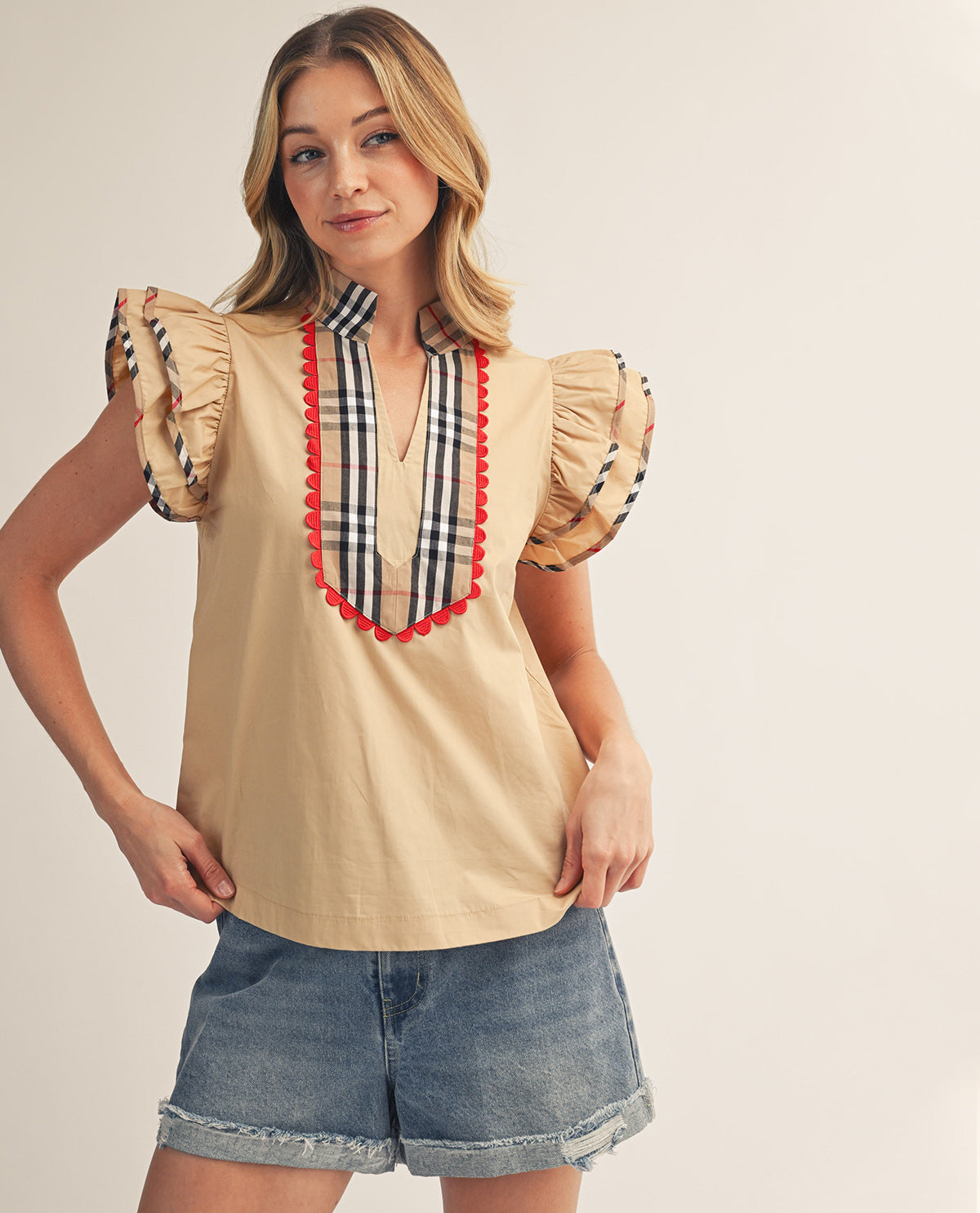 Jodifl Ruffle Sleeve Top With Plaid Trim Taupe