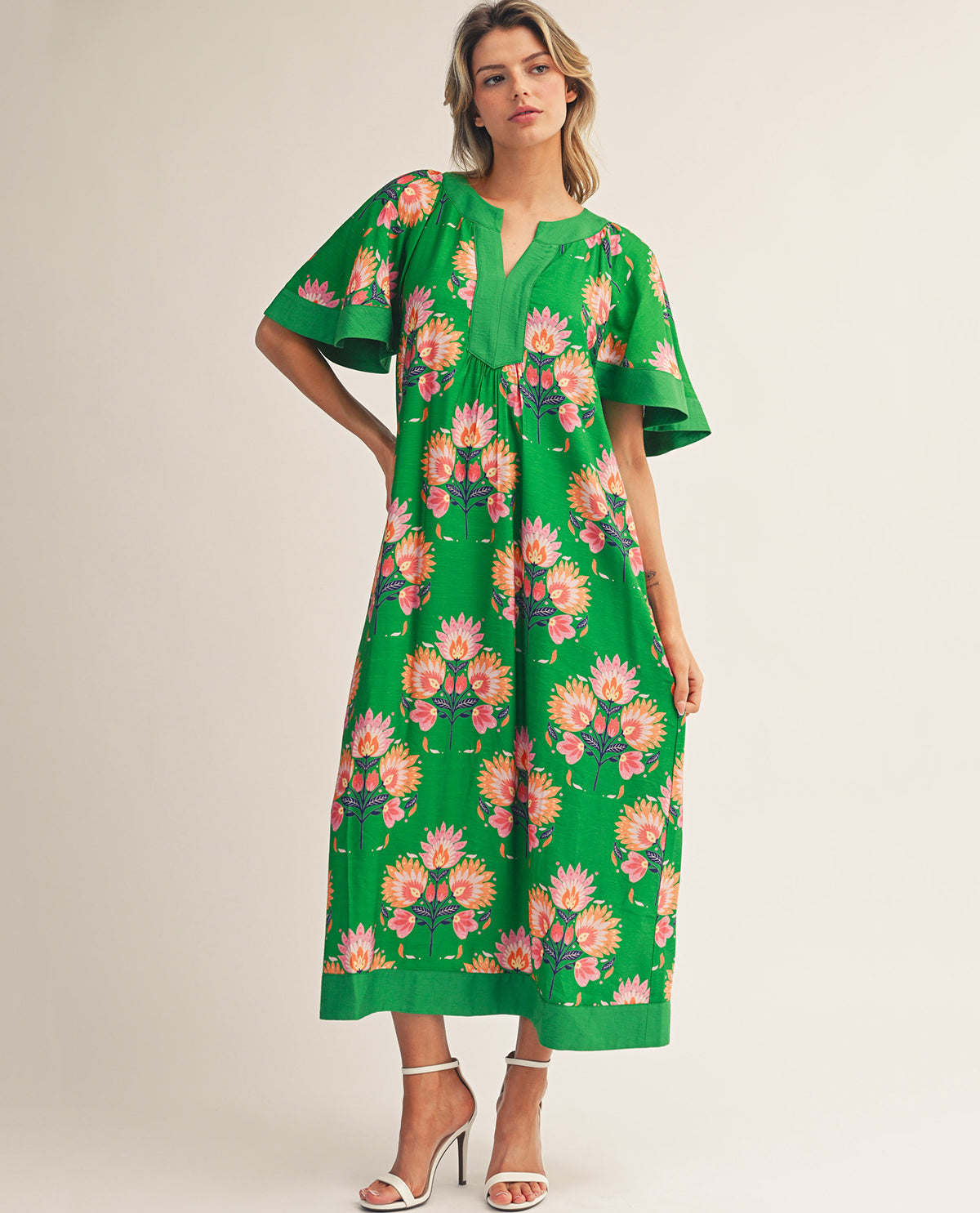 Jodifl Print Dress With Solid Trim Green