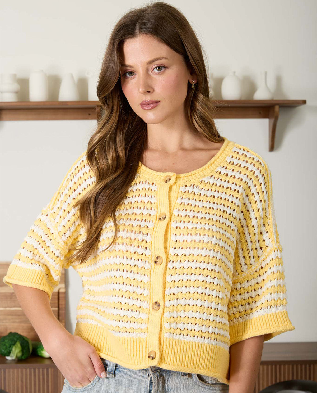 Blu Pepper Stripe Crochet Cardigan Yellow
