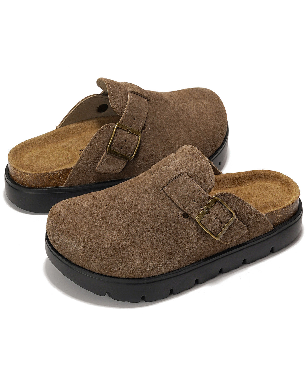 A pair of brown suede clogs with adjustable buckle straps and thick black soles, displayed on a clean white background.