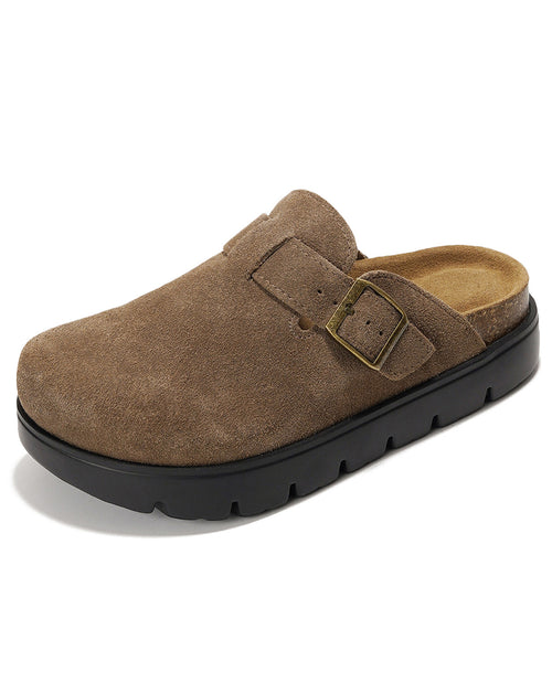 A single brown suede clog-style mule shoe with a black sole and a bronze buckle strap, shown from a three-quarters angle on a white background.