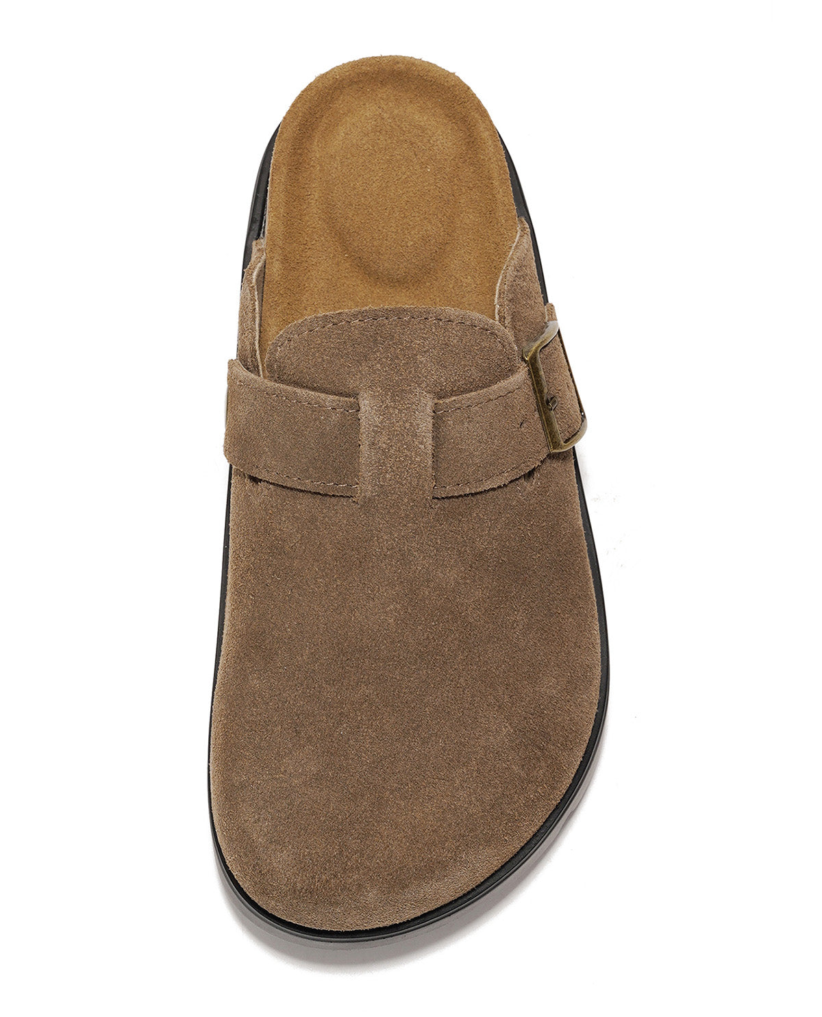 A single brown suede clog-style shoe shown from a top-down view on a plain white background.