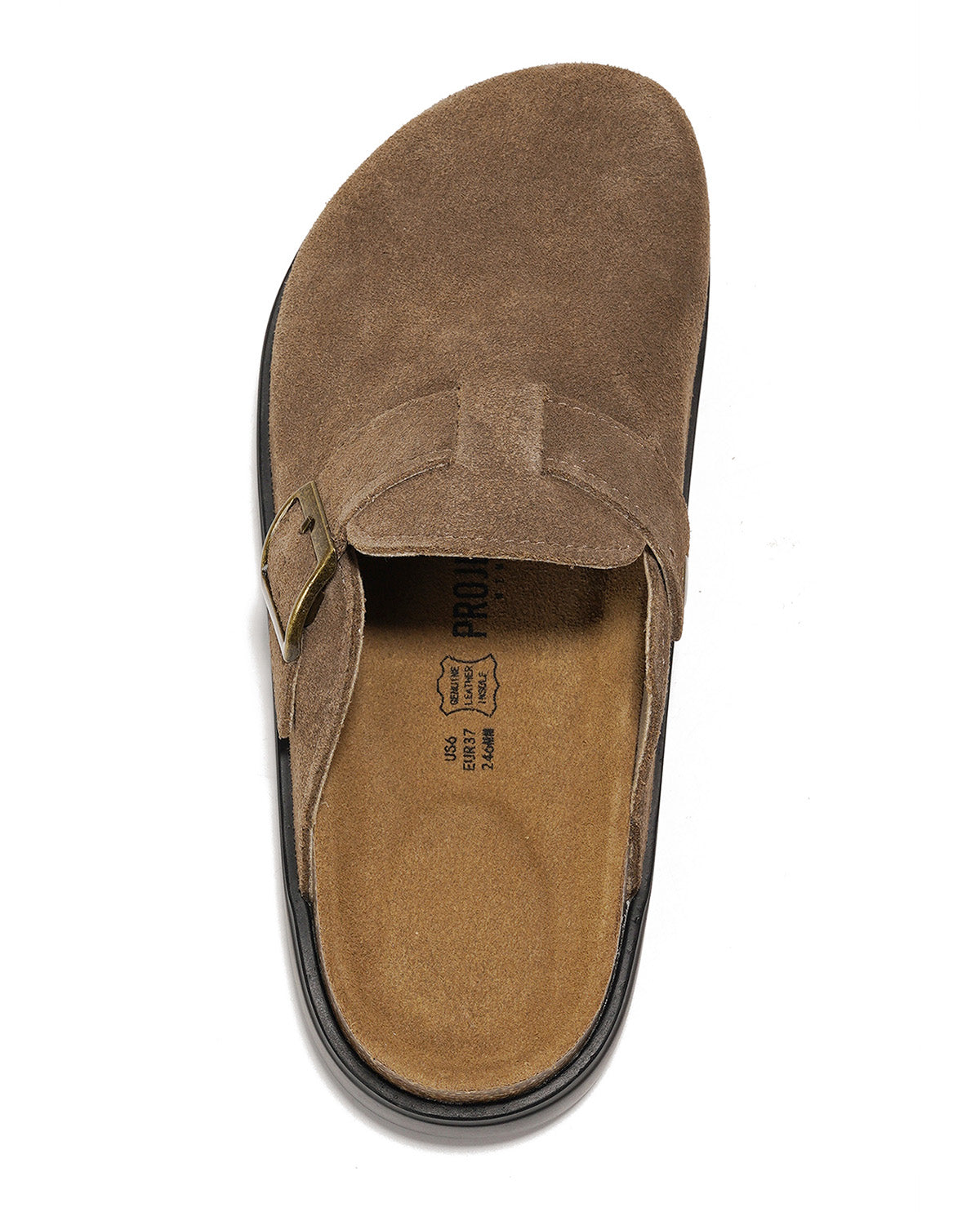 A top-down view of a brown suede clog sandal with a black sole and a brown insole, featuring a small buckle detail on the side, on a white background.