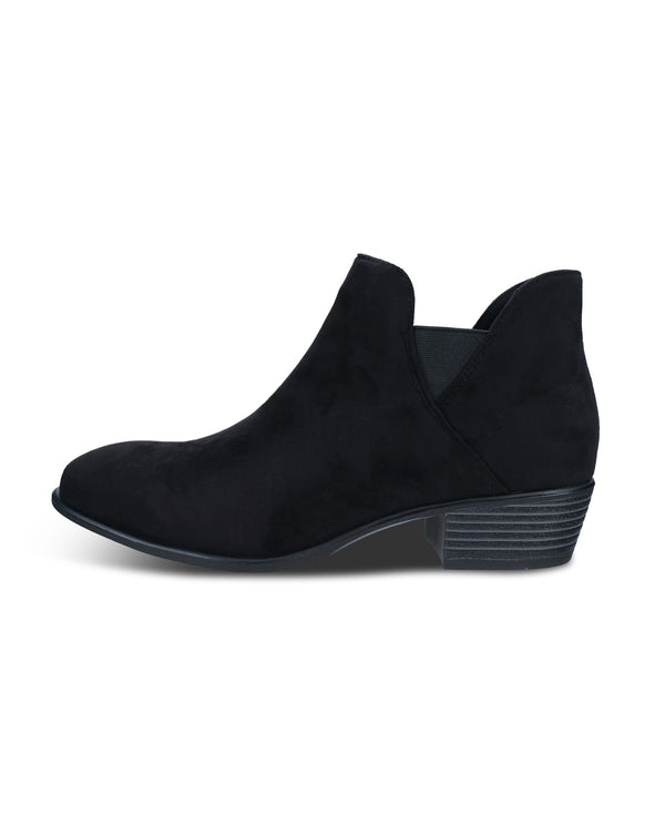 A single black suede ankle boot with a low stacked block heel, shown in a side profile view against a plain white background.