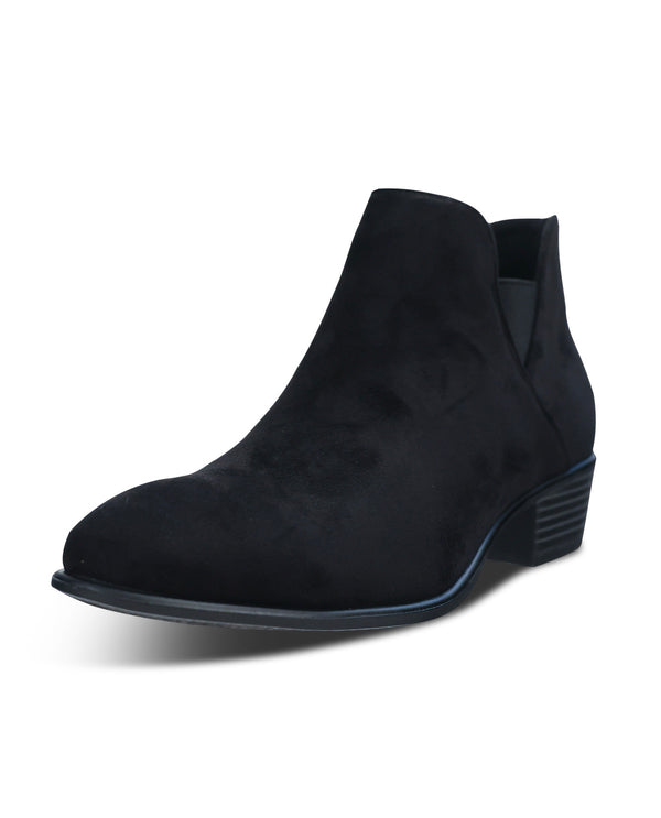 A single black suede ankle boot with a low stacked block heel, shown from a three-quarters angle on a white background.