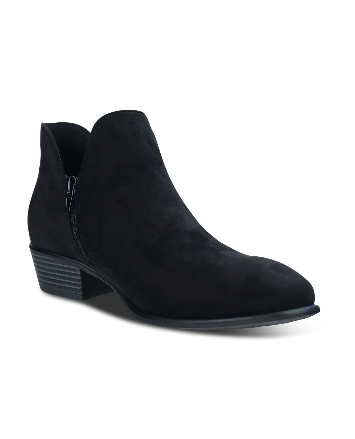 A single black suede ankle boot with a low stacked block heel and side zipper, shown from a three-quarters angle on a white background.