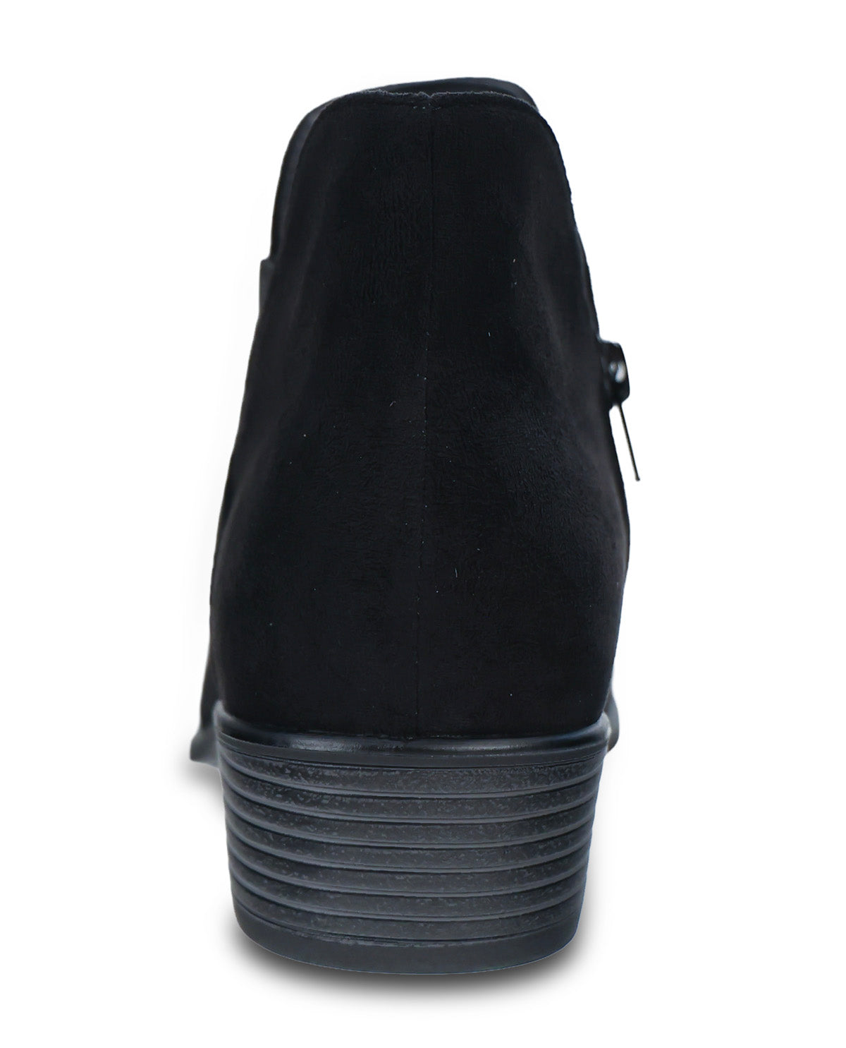 Black suede ankle boot shown from the back, featuring a stacked platform sole with horizontal grooves and a side zipper pull, on a white background.
