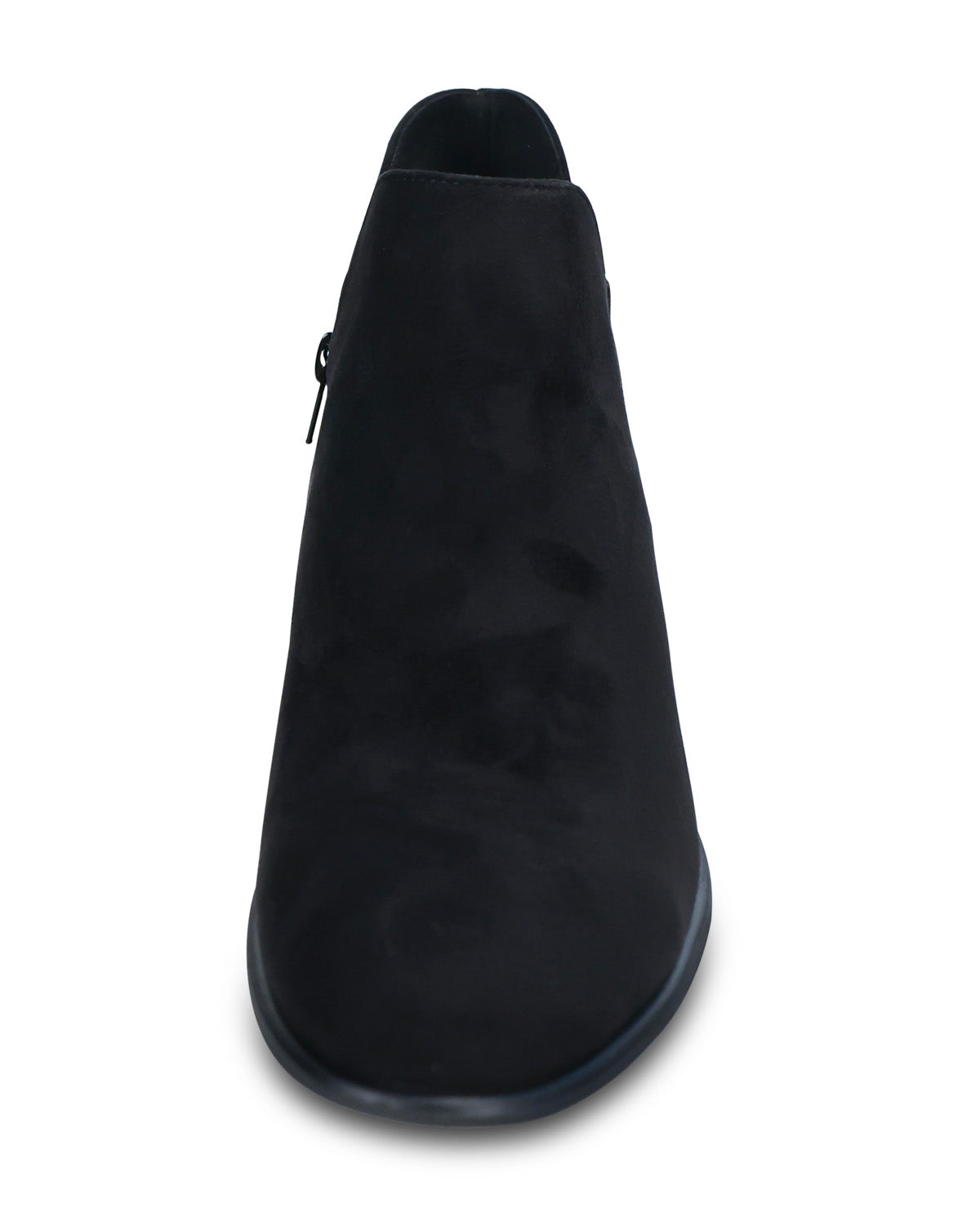 A black suede ankle boot shown from a top-down view on a white background.