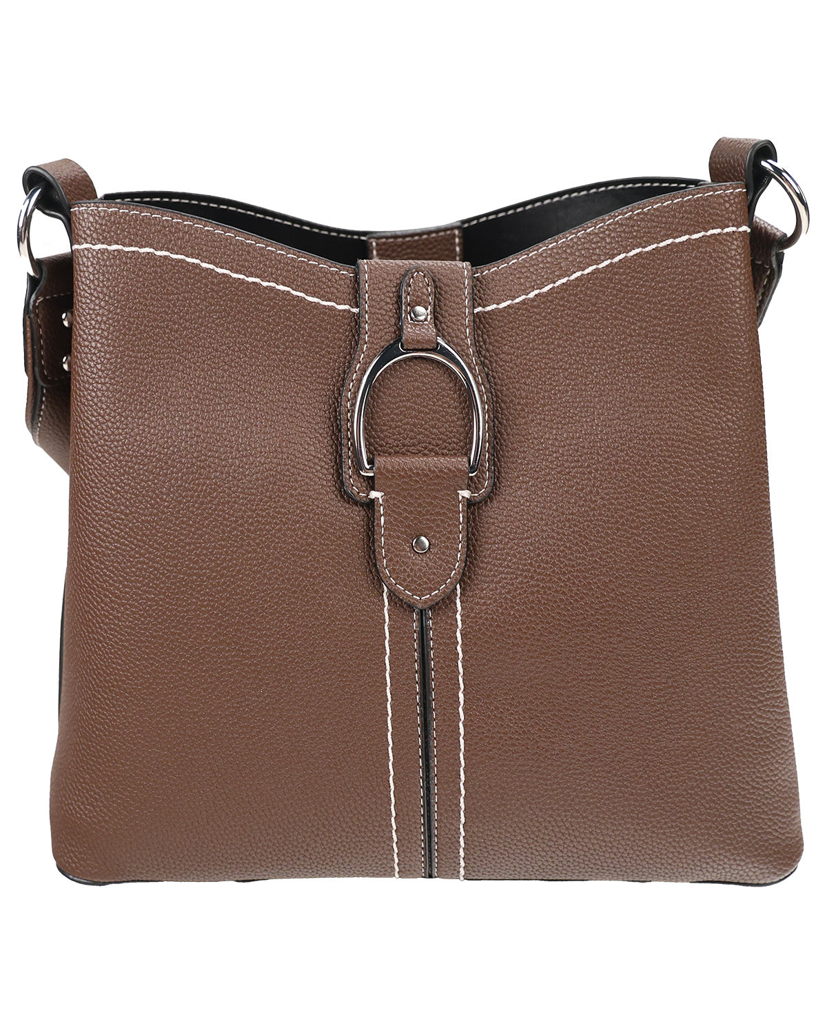A brown pebbled leather shoulder bag with a large silver-tone D-ring closure on the front, white contrast stitching, and a black interior lining, shown against a plain white background.