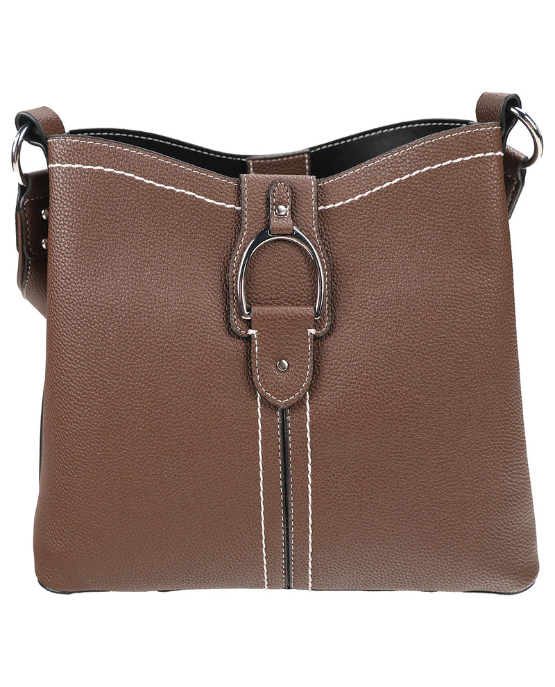 A brown pebbled leather shoulder bag with a large silver-tone D-ring closure on the front, white contrast stitching, and a black interior lining, shown against a plain white background.