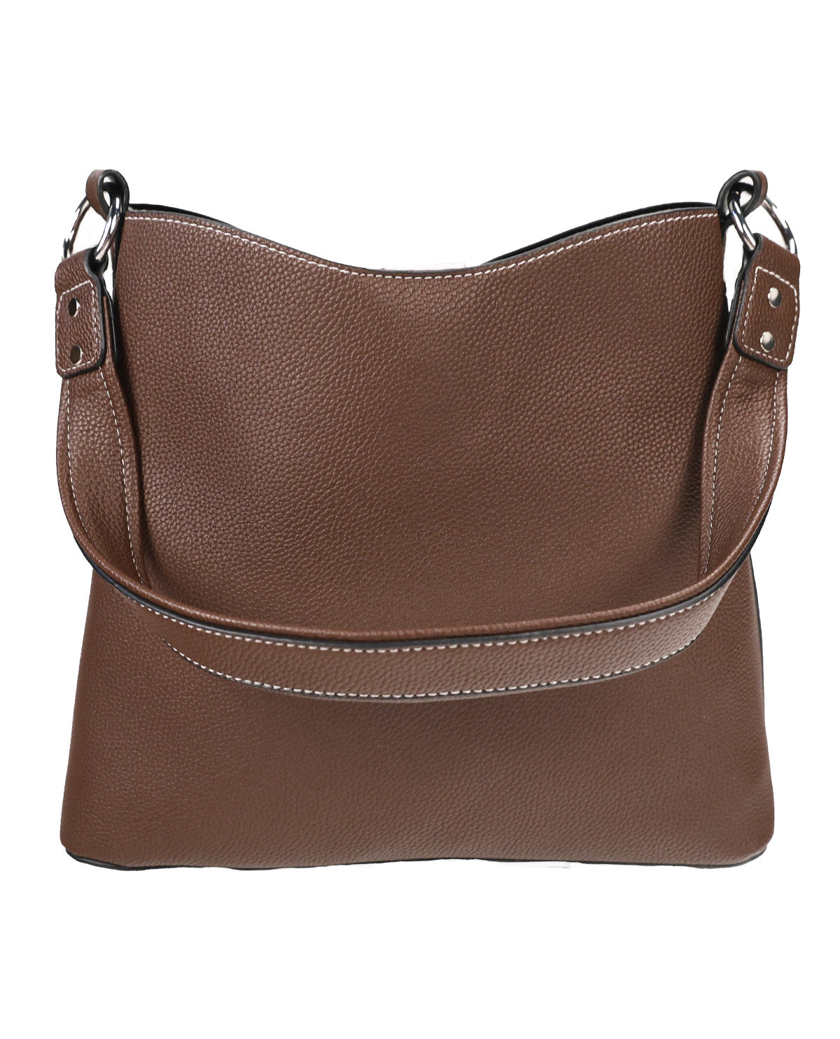 A brown pebbled leather shoulder bag with a curved flap, silver-tone hardware, and contrast stitching, shown against a plain white background.