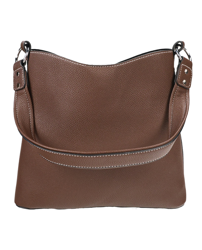A brown pebbled leather shoulder bag with a curved flap, silver-tone hardware, and contrast stitching, shown against a plain white background.