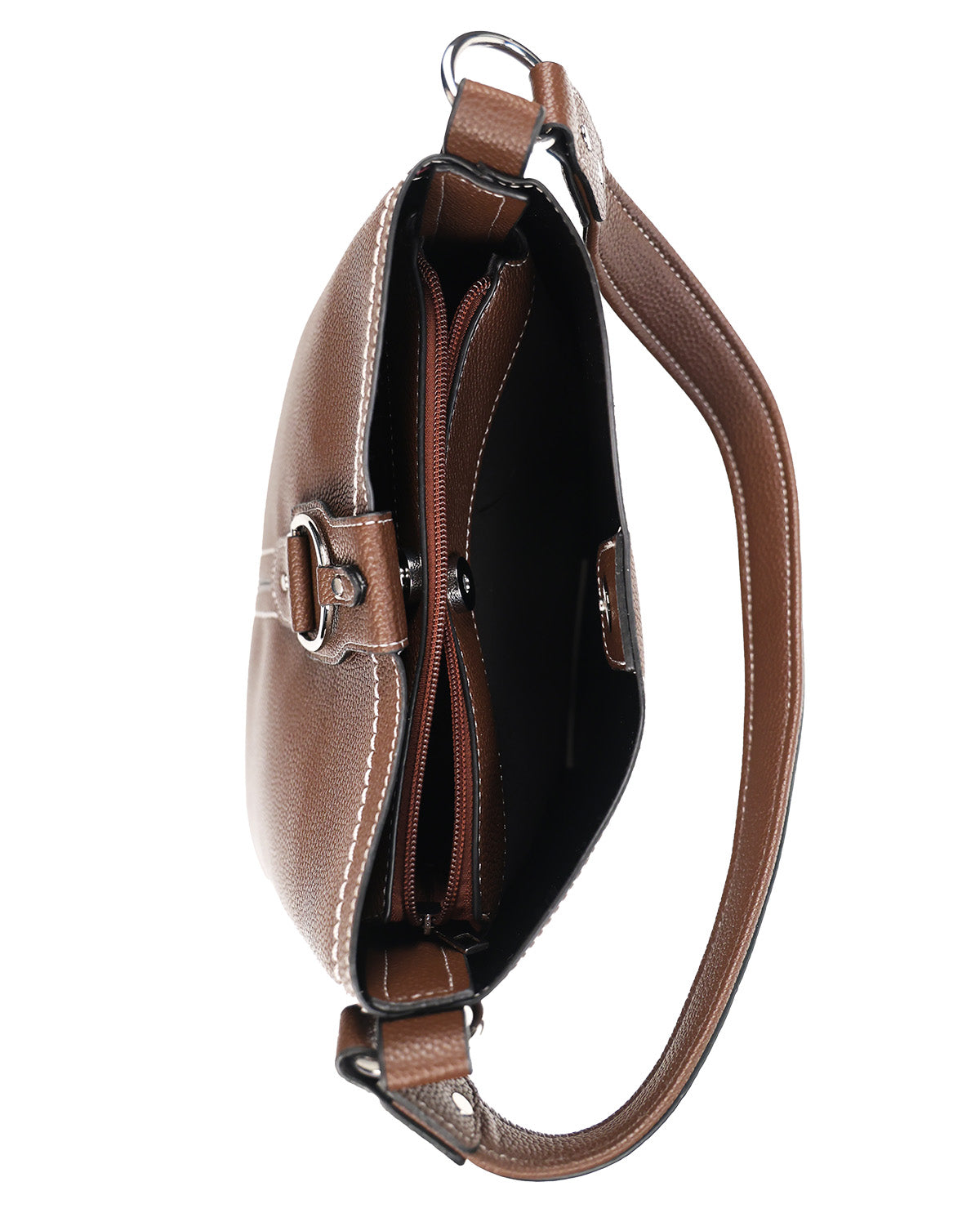 A brown leather shoulder bag shown from an overhead angle, highlighting its interior zippered compartment, white contrast stitching, and adjustable shoulder strap against a white background.