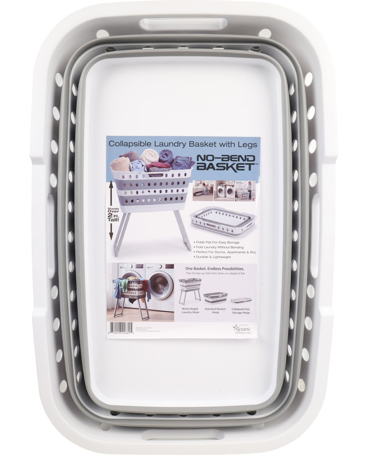 Collapsible laundry basket with legs packaging on a white background