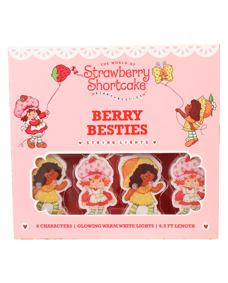 Berry Besties string lights set in its original pink packaging, featuring four strawberry-themed character lights shaped like Strawberry Shortcake, Berry Bunnies, and Ducky Duck.