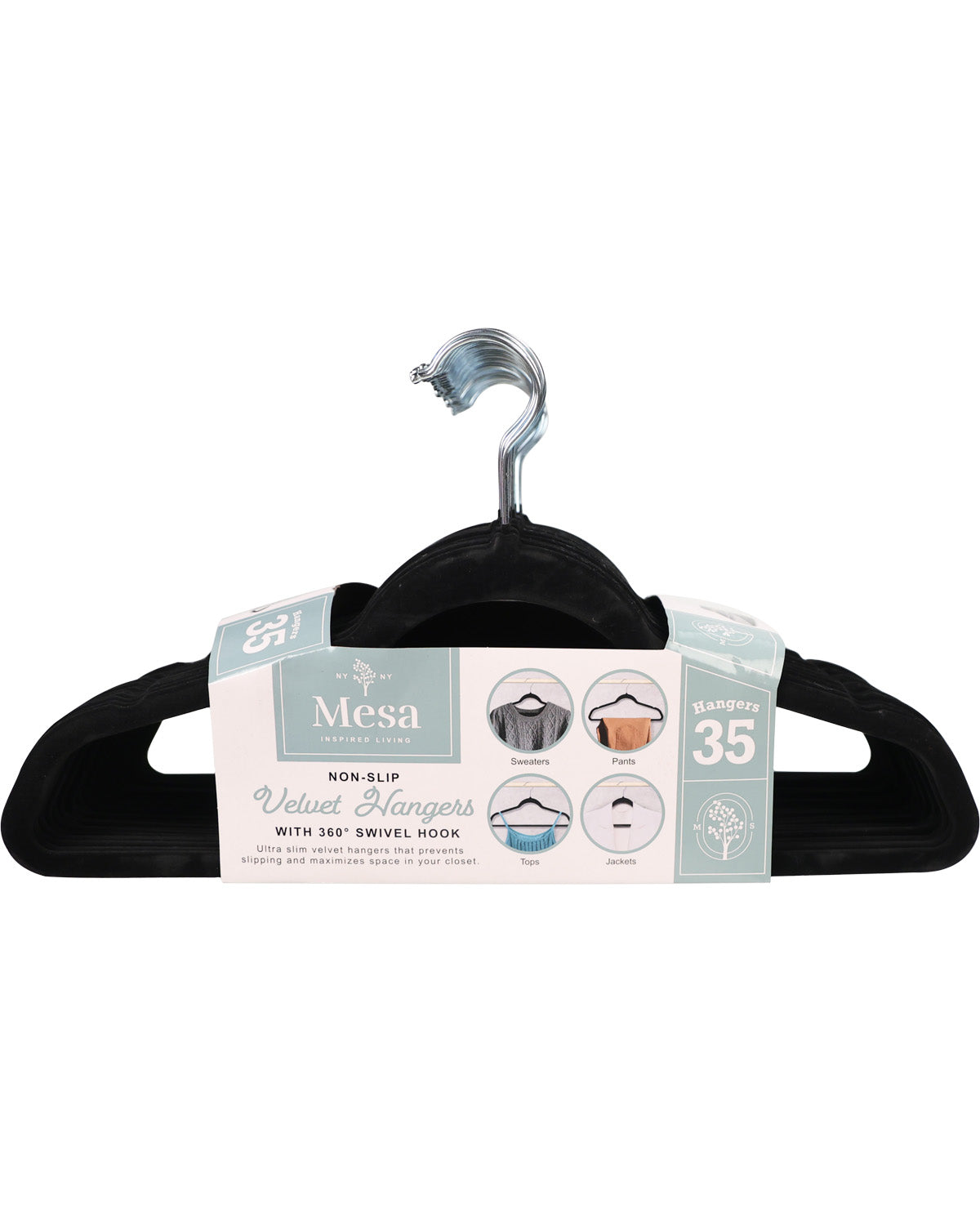 Mesa brand black velvet non-slip hangers with a 360-degree swivel hook, shown in its original retail packaging on a white background.