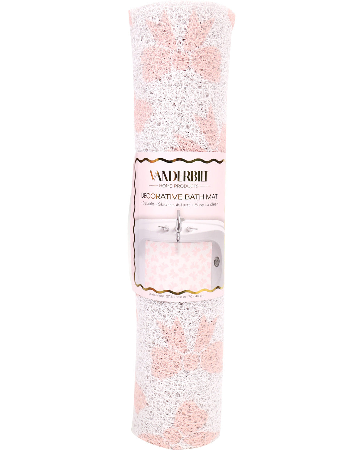 A rolled-up decorative bath mat with a pink and white speckled pattern, wrapped in a paper band that reads 'VANDERBLI DECORATIVE BATH MAT'.
