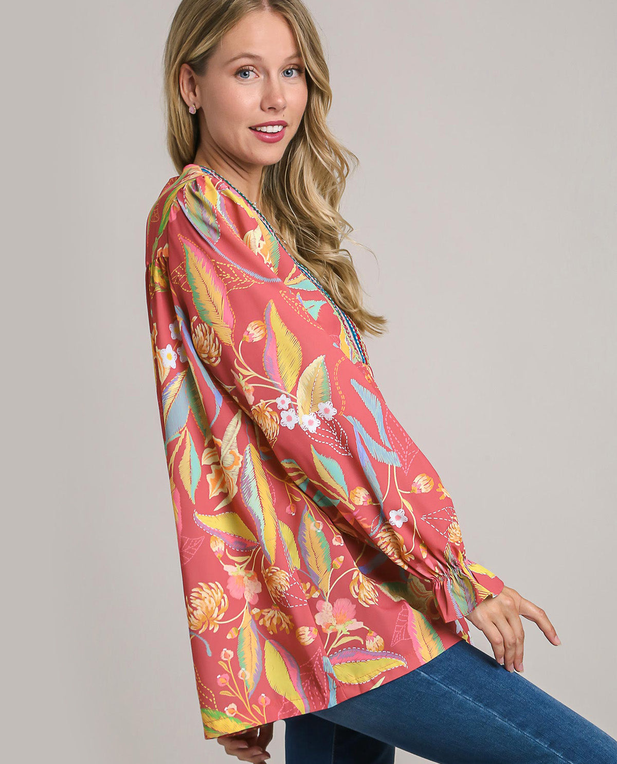 Floral Print Blouse with Embroidery