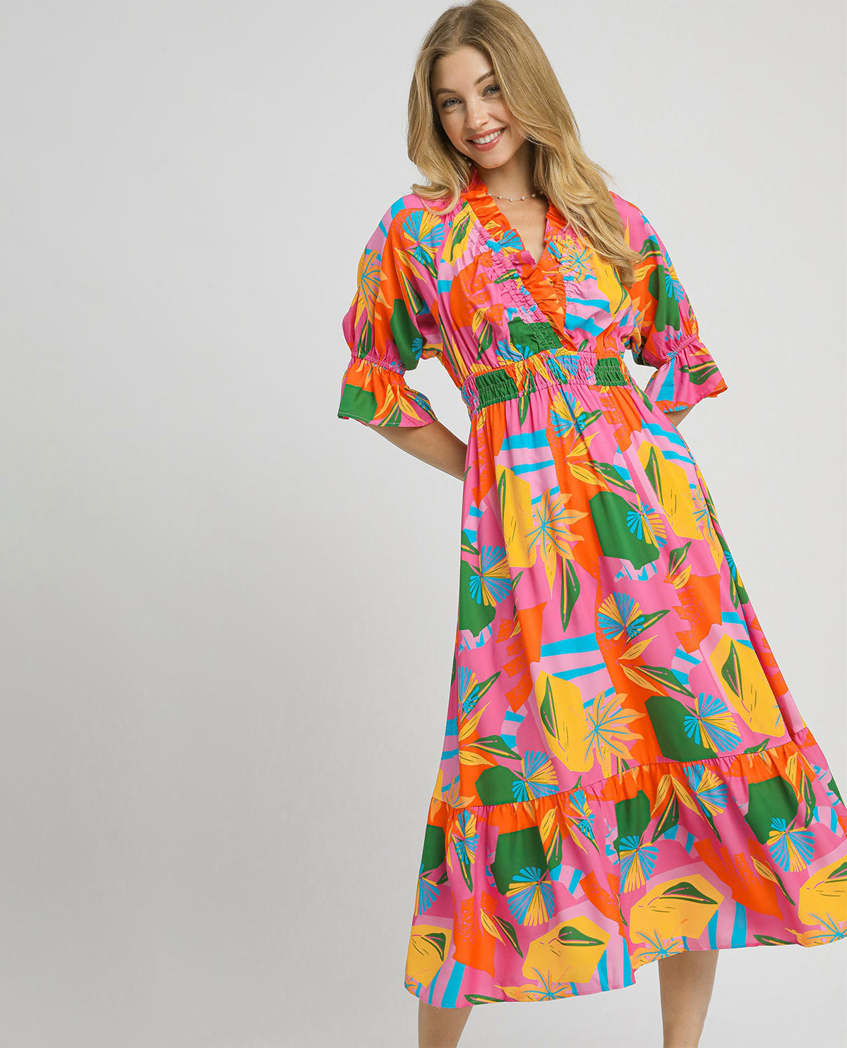 Umgee Vneck Smocked Maxi Colorful Dress