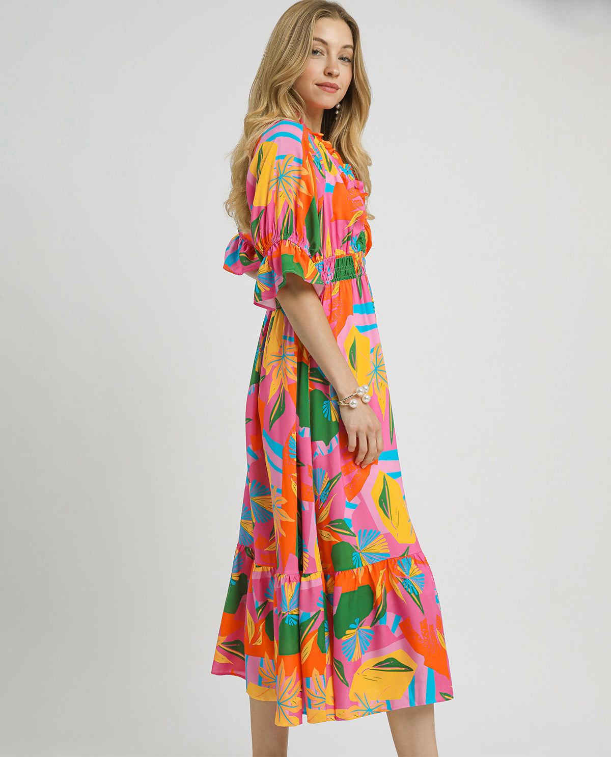 Umgee Vneck Smocked Maxi Colorful Dress