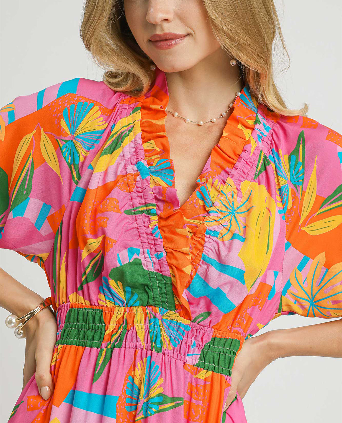 Umgee Vneck Smocked Maxi Colorful Dress