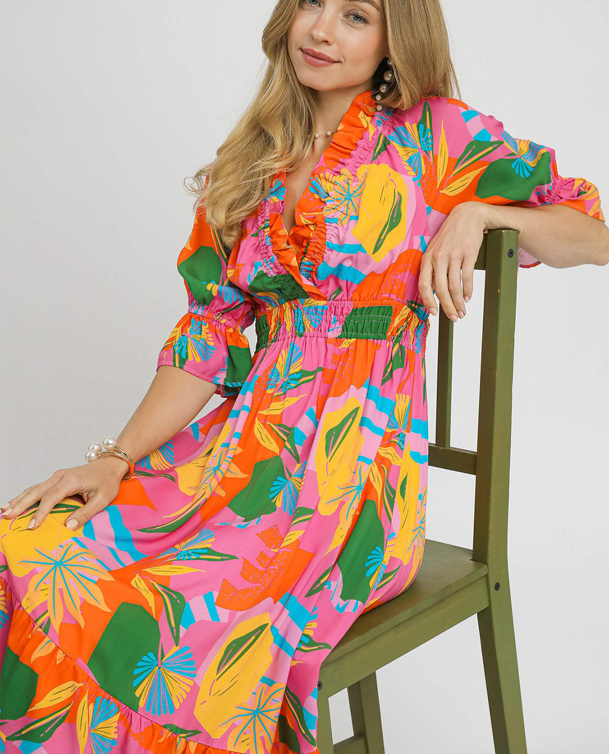 Umgee Vneck Smocked Maxi Colorful Dress