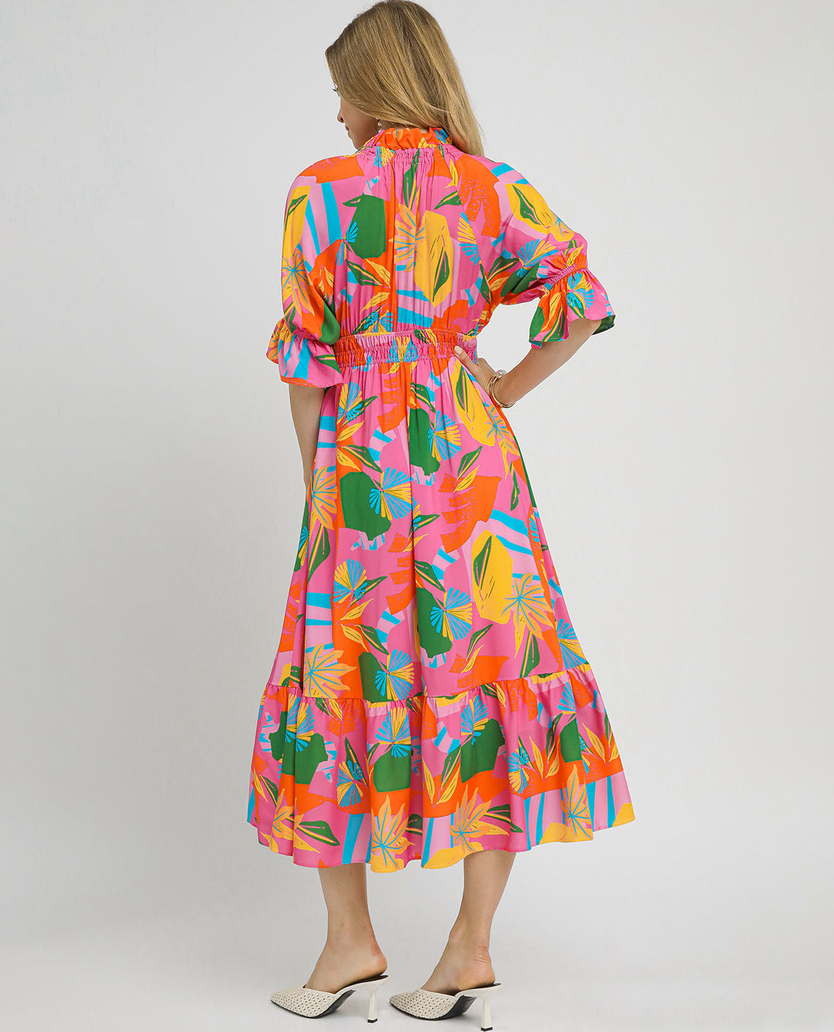 Umgee Vneck Smocked Maxi Colorful Dress