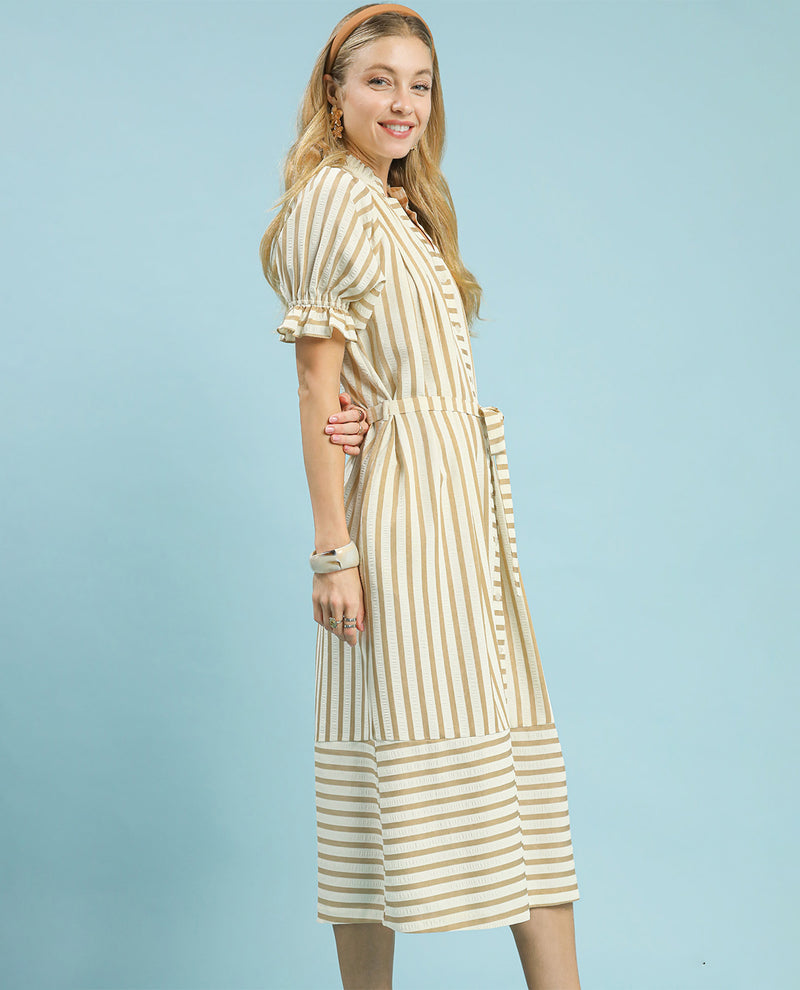 Umgee Stripe Dress With Tie Waist Latte