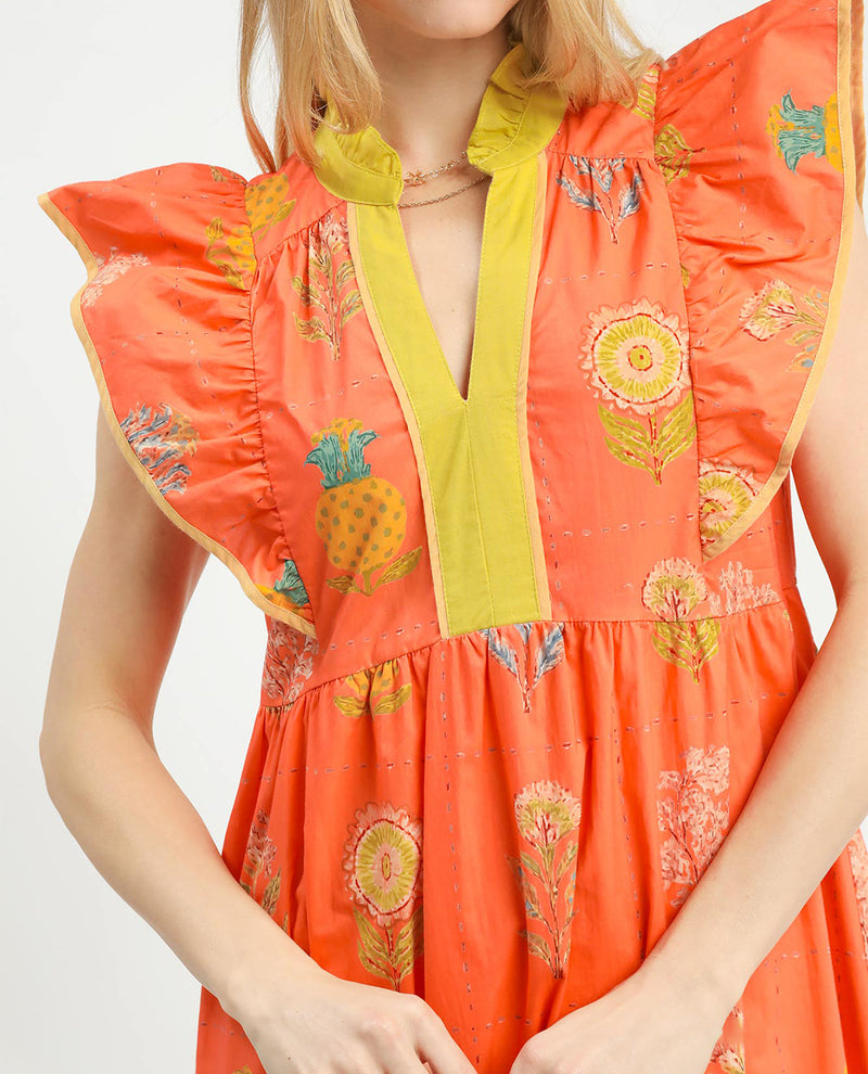 Umgee Botanical Print Dress With Contrast Tangerine