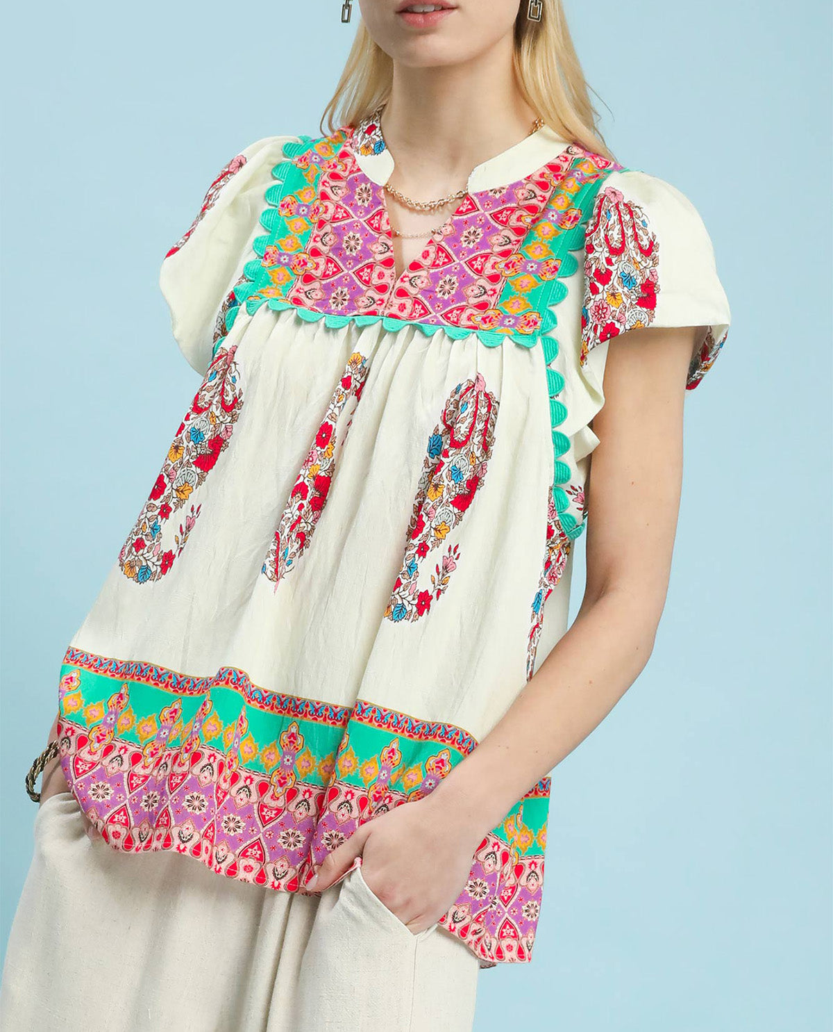 Umgee Slit Neck Print Top