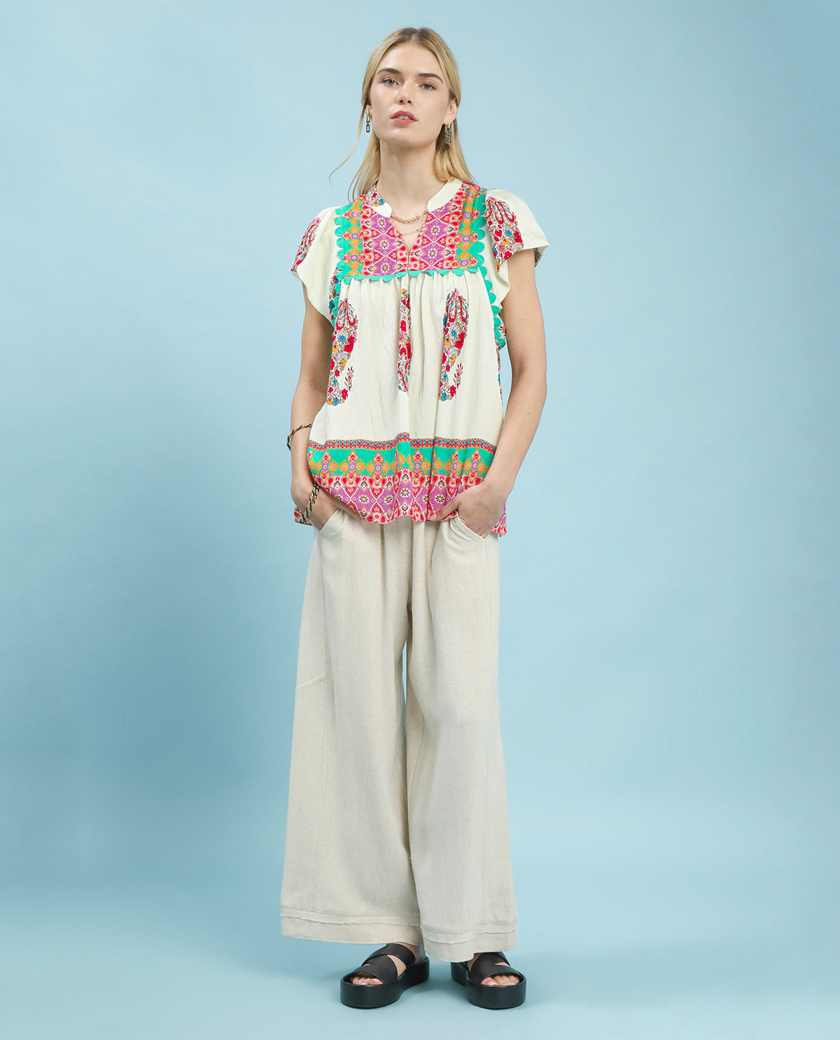 Umgee Slit Neck Print Top